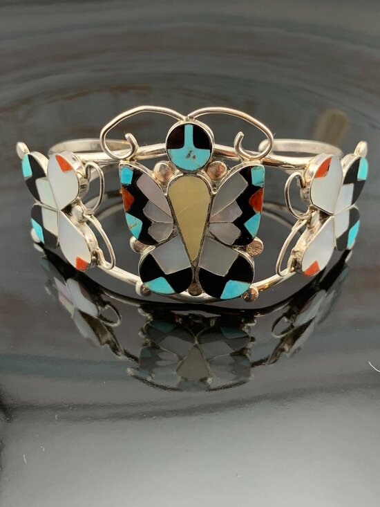 Native American Jewelry - Butterfly Stone Inlay Zuni Native American Cuff Bracelet 925 A. Dishta J1423